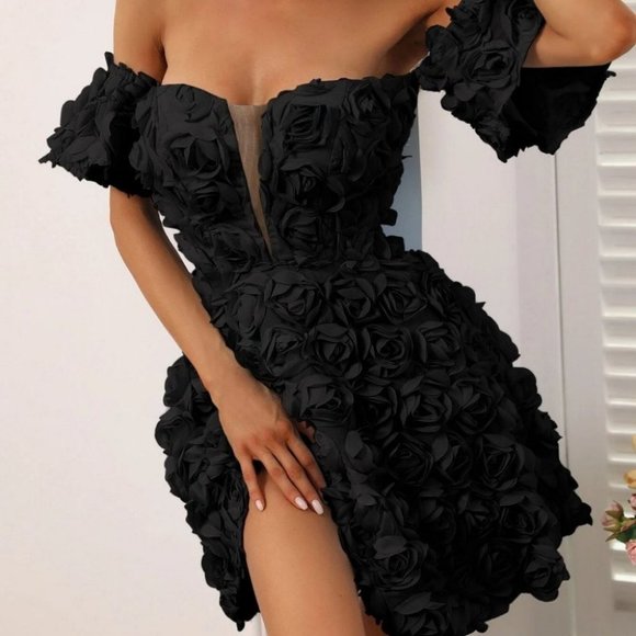 Black Preppy Womens Off Shoulder Contrast Mesh Appliques Dress - Picture 4 of 5